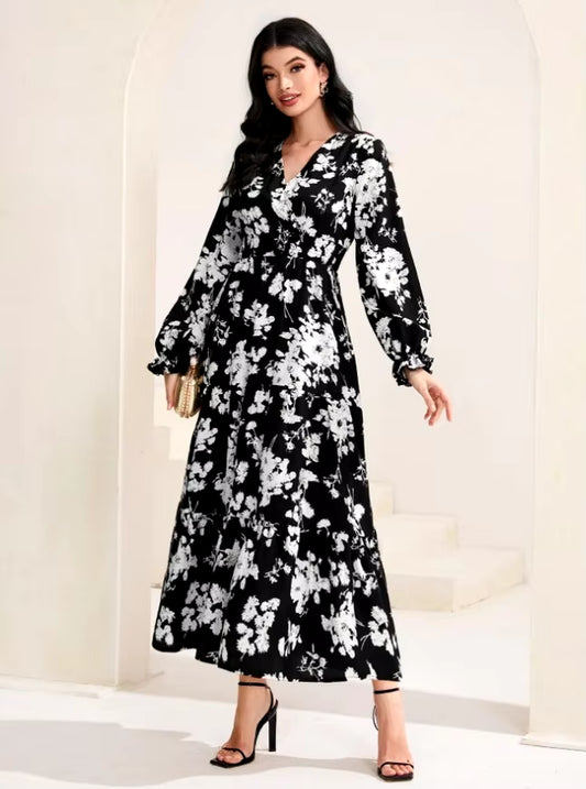 Autumn Women'S New Sexy V-Neck Fashionable Printed Cake Long Sleeves Medium to Long Length Casual Comfortable Dress for Women